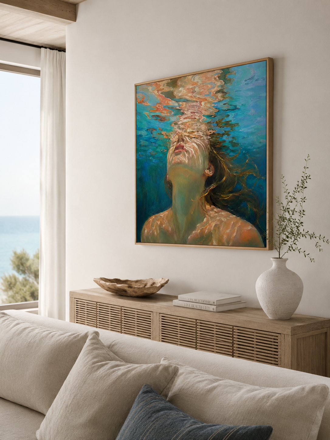 Summer Ocean Goddess Painting With Sunlight Refraction For Beach House Bedroom Decor