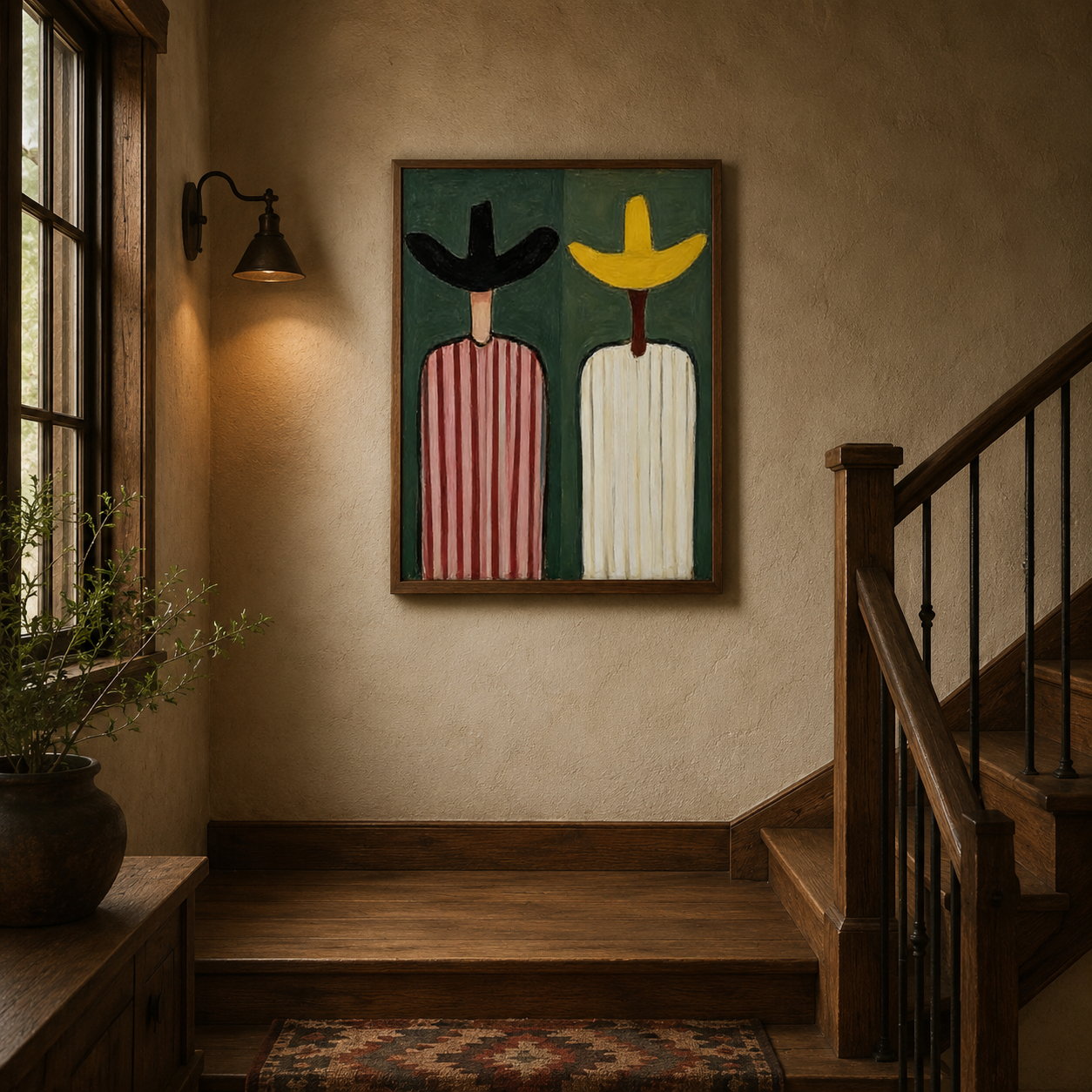 Abstract Figurative Painting With Sage Green Background And Striped Characters For Modern Home Decor