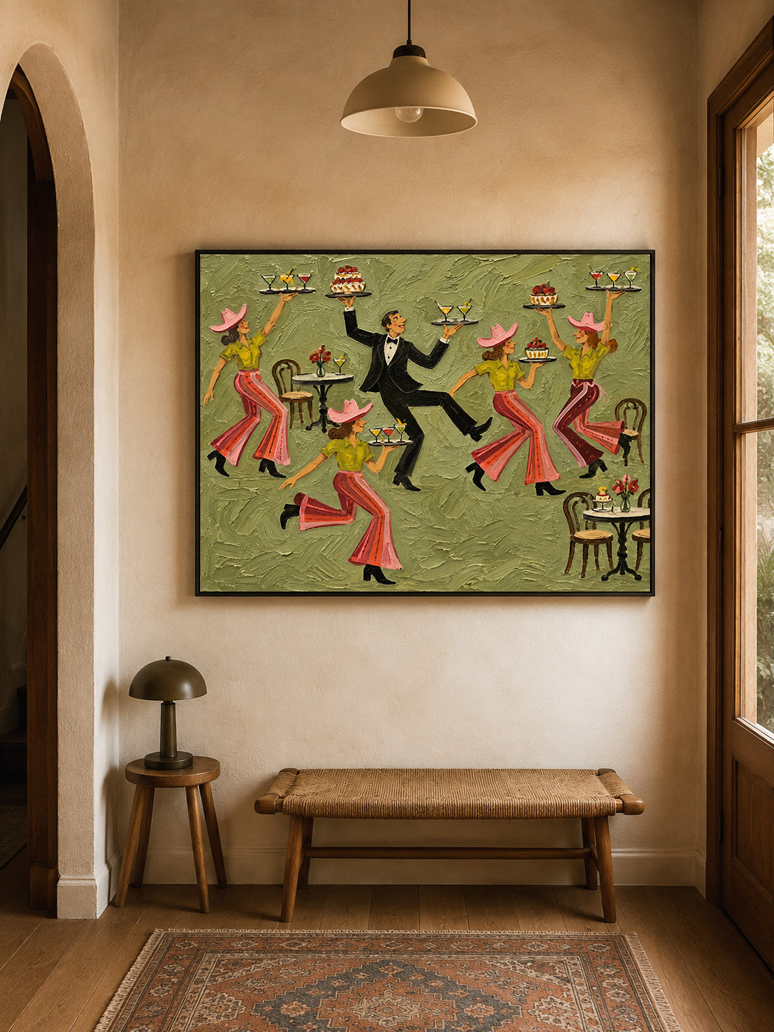 Sage Green Parisian Cafe Wall Art, French Bistro Waiter Painting Restaurant Dining Art