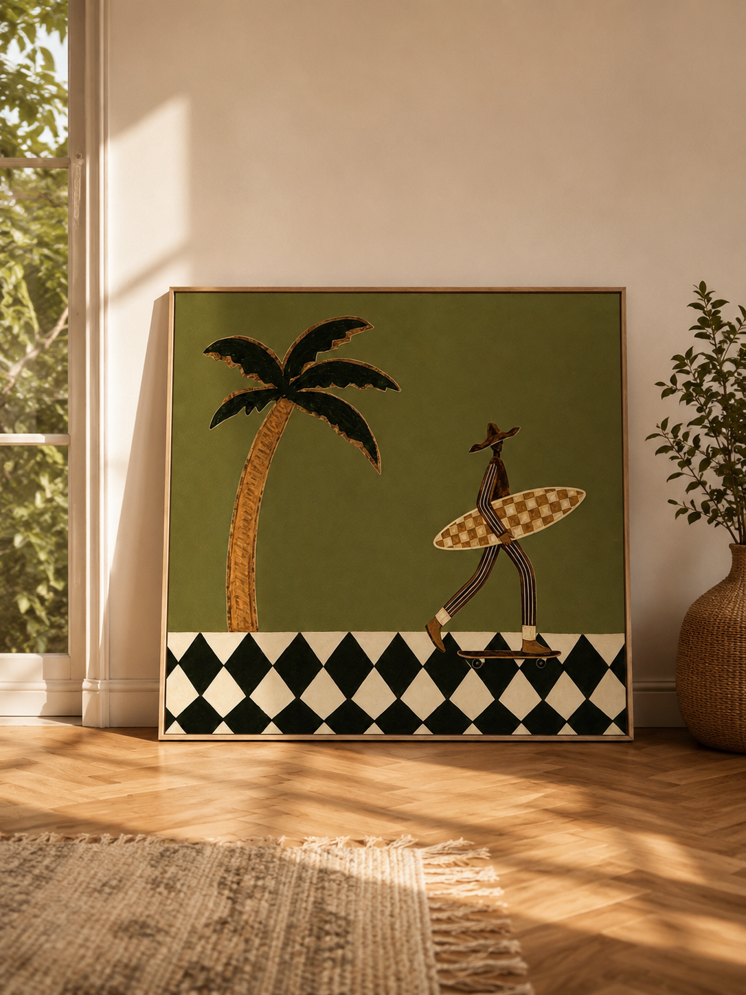 Vintage Skate Surfer Wall Art With Checkerboard Board For Retro Living Room Decor