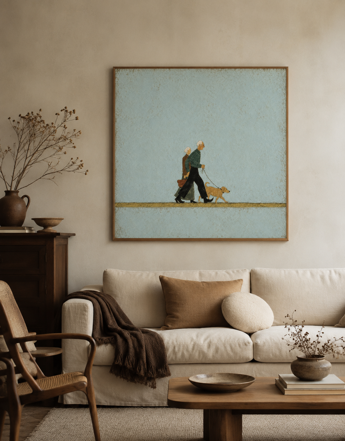 Vintage Dog Walking Painting For Pet Owners Retro Wall Art With Elderly Couple And Teal Background