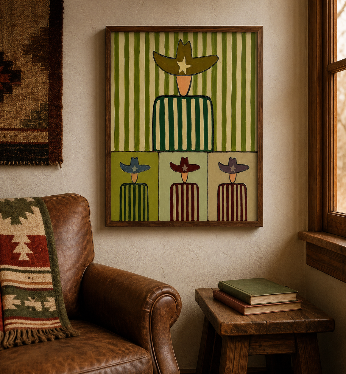 Mid Century Modern Abstract Cowboy Painting With Striped Patterns For Retro Home Decor