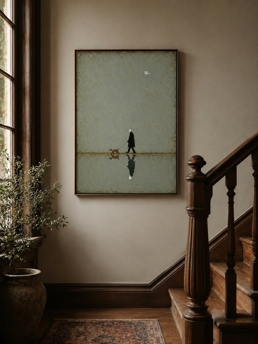 Abstract Figurative Painting Of Owner And Pet In Square Format With Sage Green Tones For Office