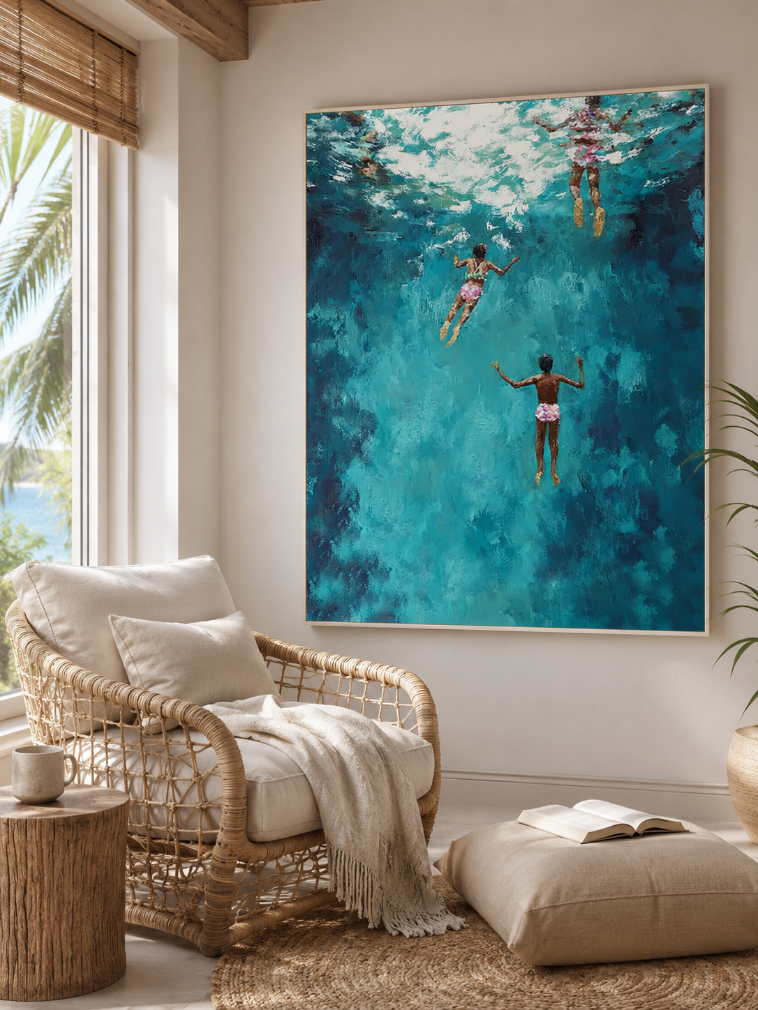 Large Blue Ocean Painting For Coastal Living Room With Figurative Swimmers And Textured Waves
