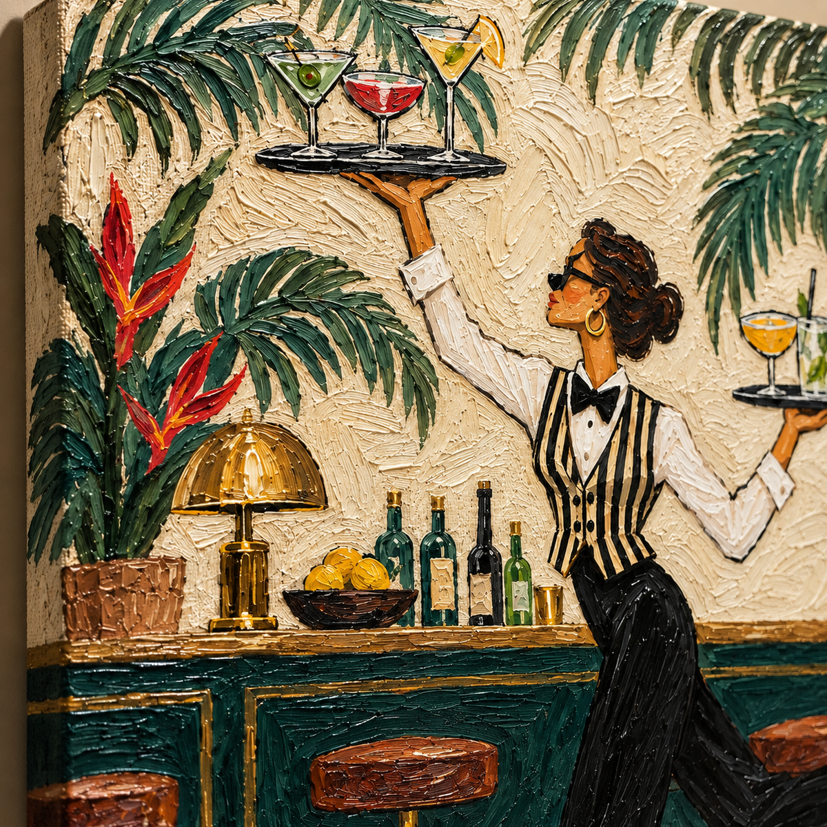 Stylish Bartender Canvas Painting With Cocktails And Tropical Plants For Home Bar Decor