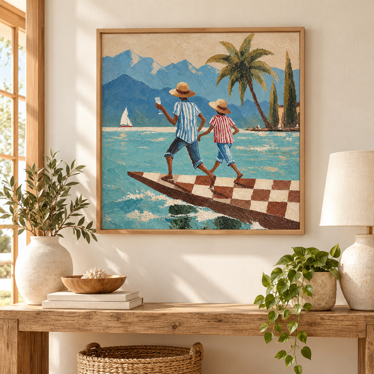 Figurative Beach Scene Hand-Painted Canvas Art With Mountains And Sailboat In Bright Blue Tones
