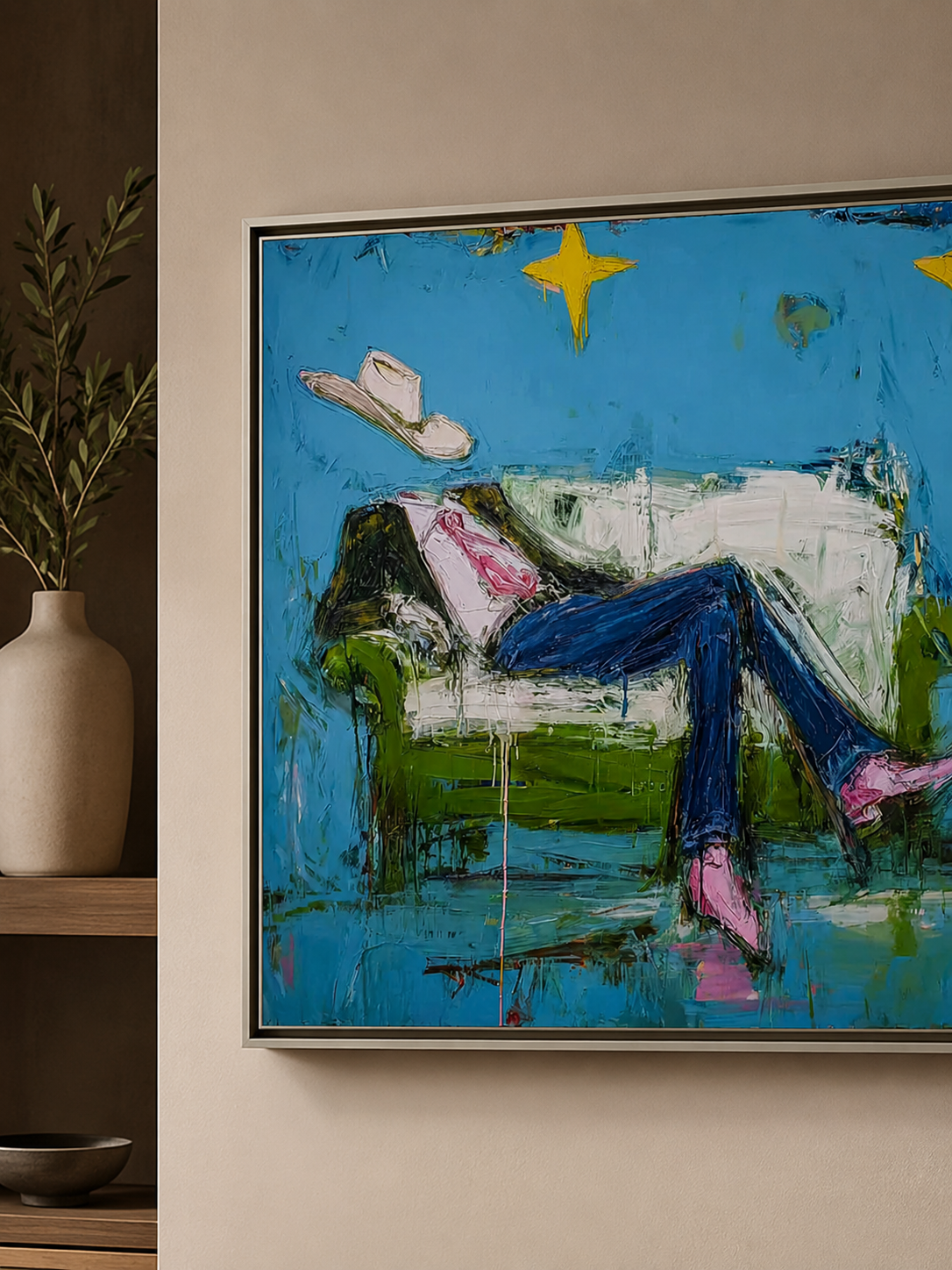 Surreal Cowboy Art With Stars And Green Sofa Modern Wall Decor For Living Room