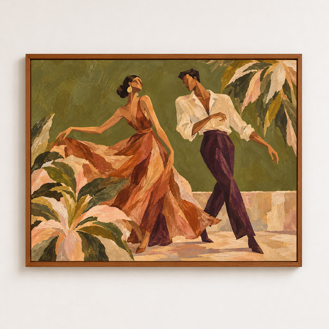 Vintage Dancing Couple Canvas Painting With Tropical Palms And Green Tones