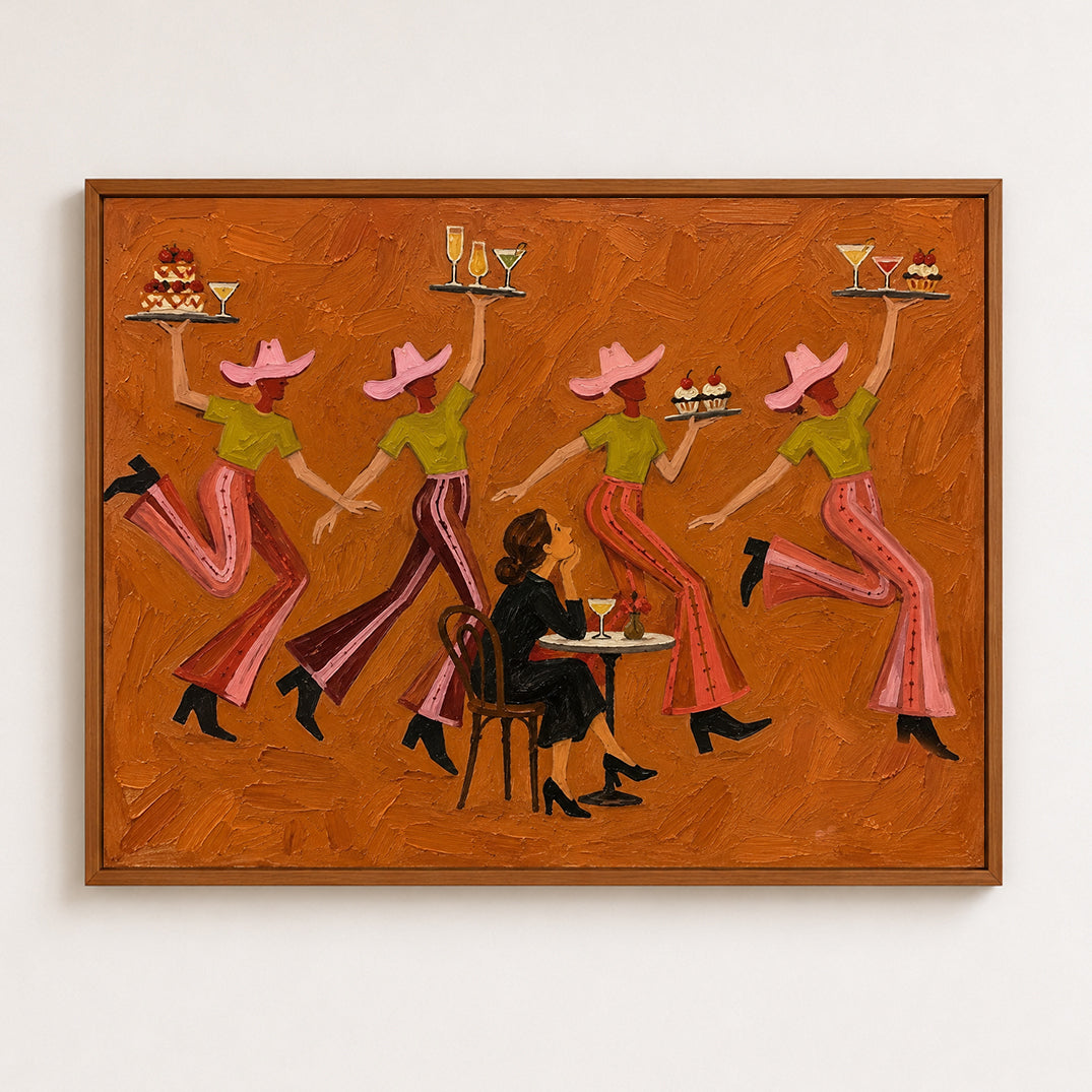 Narrative Western Cafe Canvas Art, Whimsical Cowgirl Dancing Canvas Painting, Retro Diner Wall Decor,