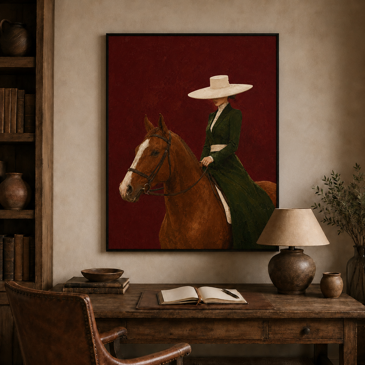 Minimalist Figurative Art Print Of Lady And Horse In Green Dress Against Crimson Wall For Study