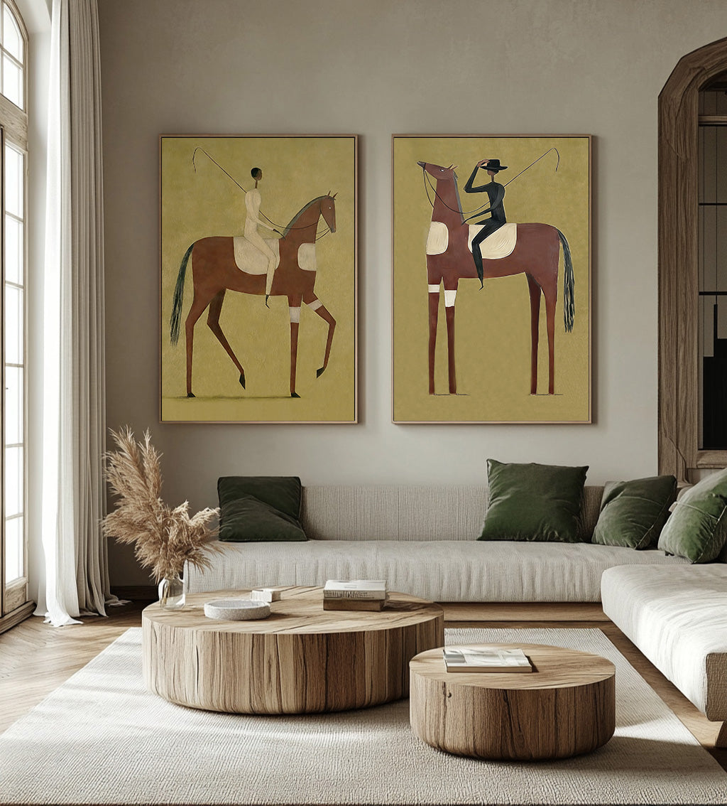 Vintage Equestrian Horse Art Set Of Two With Olive Green Background For Living Room Wall Decor
