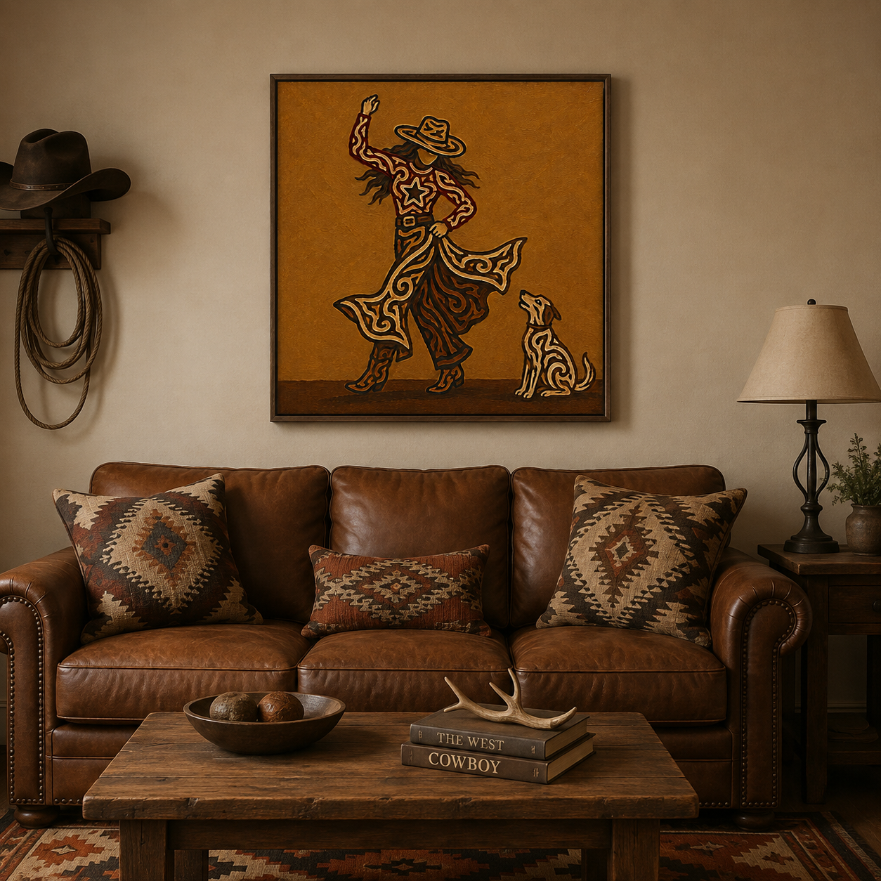 Cowgirl And Dog Wall Art, Western Woman Art , Dancing Cowgirl Canvas,Contemporary Western Decor