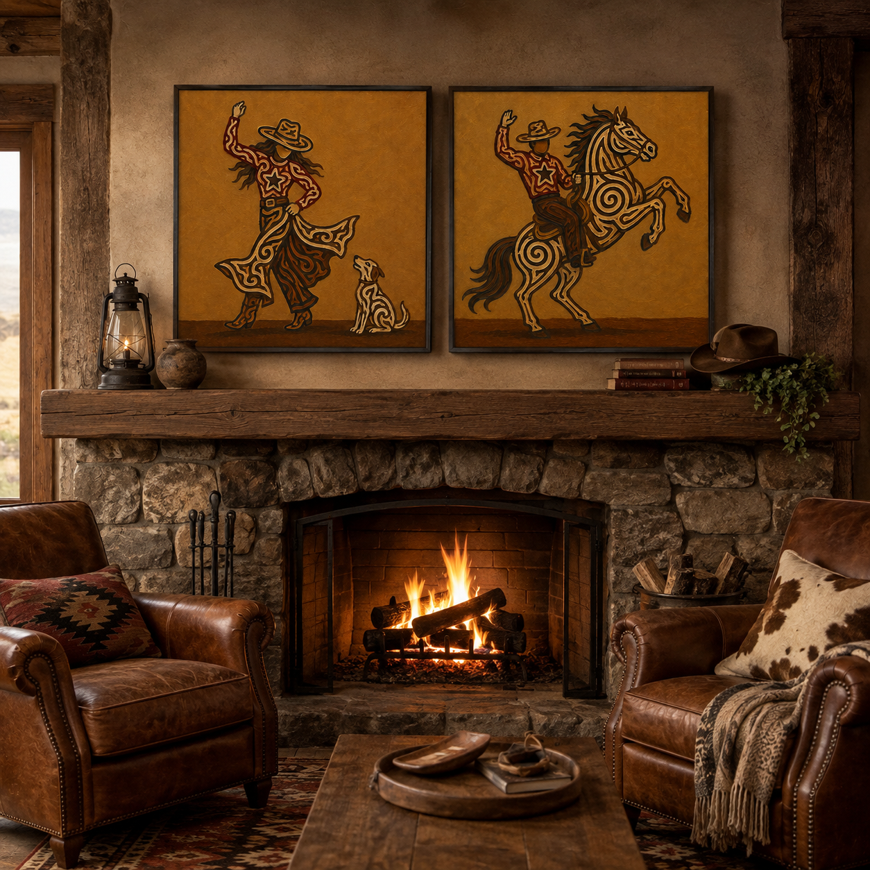 Cowboy Riding Horse Painting Rustic Western Cowgirl And Horse Set Of 2 Wall Art For Living Room