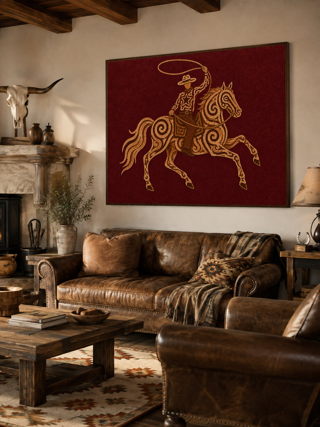 Red Cowboy Horse Oil Painting, Burgundy Western Wall Art, Lasso Rodeo Ranch Decor