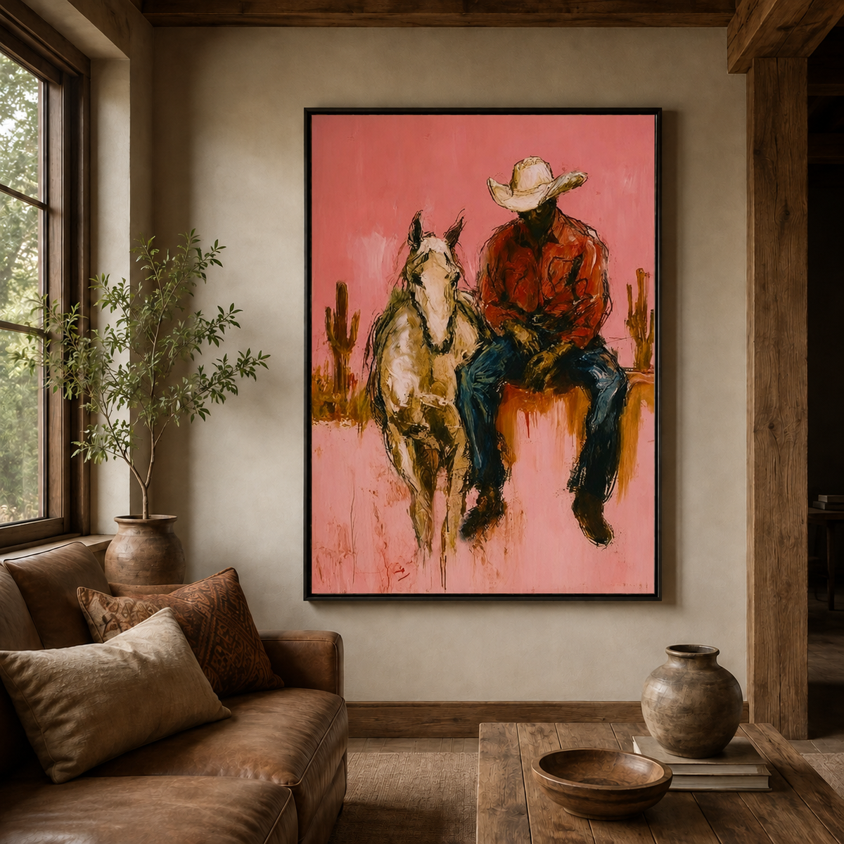 Cowboy With Horse Hand-Painted Oil Painting In Dusty Pink | Western Wall Art
