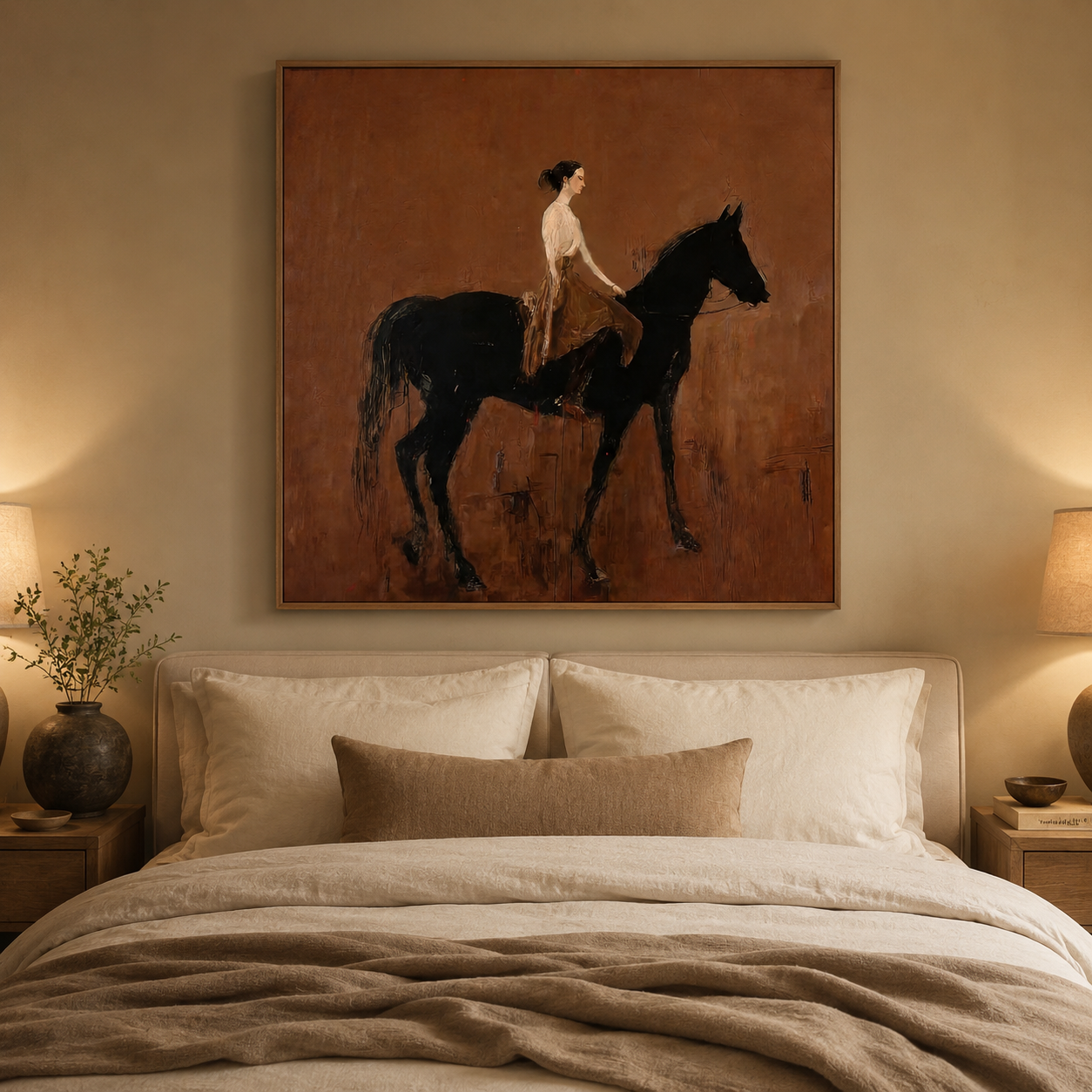 Vintage Brown Horse And Rider Painting Original Oil On Linen Canvas For Classic Home Decor