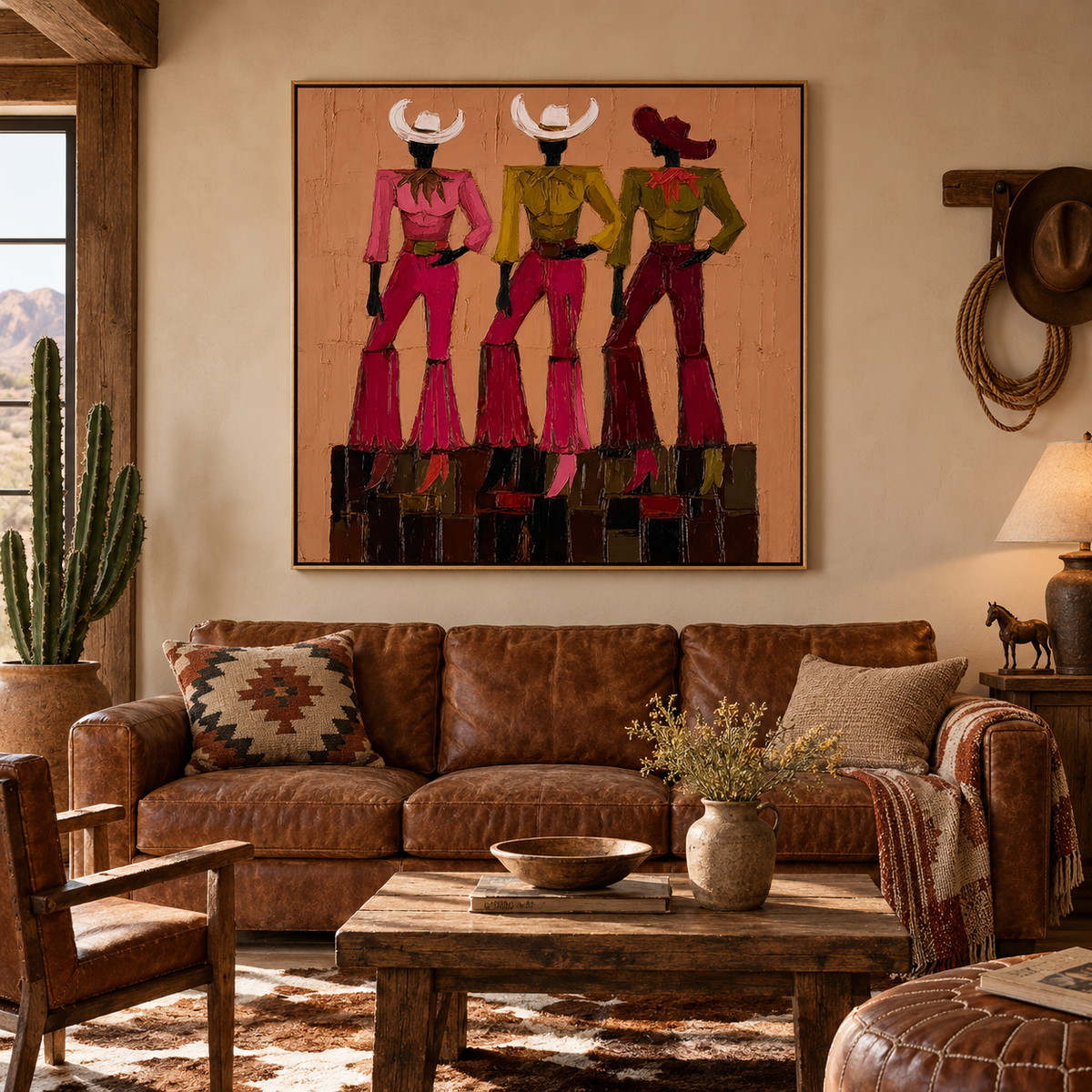 Vintage Cowgirl Wall Art,Pink And Green Cowgirl Canvas Painting, Trendy Country Aesthetic Home Decor