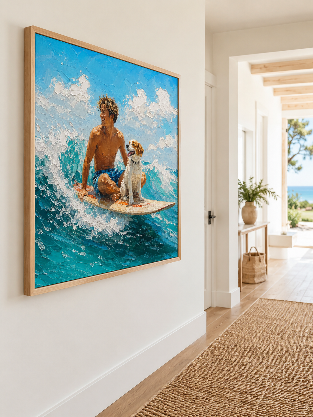Textured Surfing Art With Dog For Modern Beach Home Decor Gift