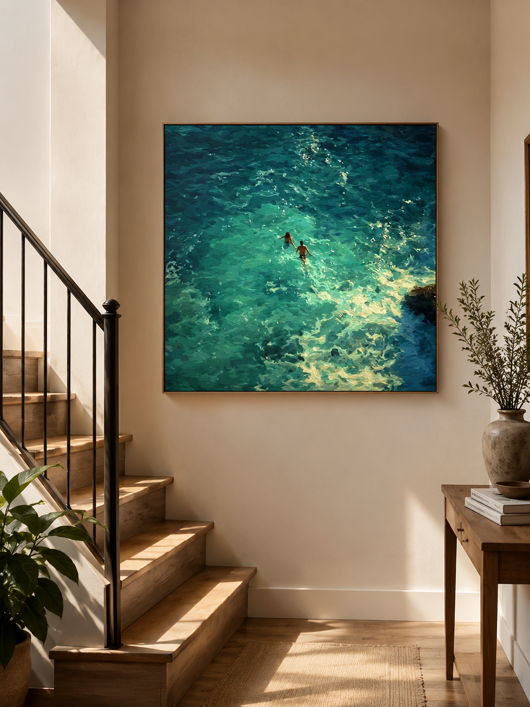 Emerald Ocean Swimmers Square Canvas Art For Beach House Wall Decor