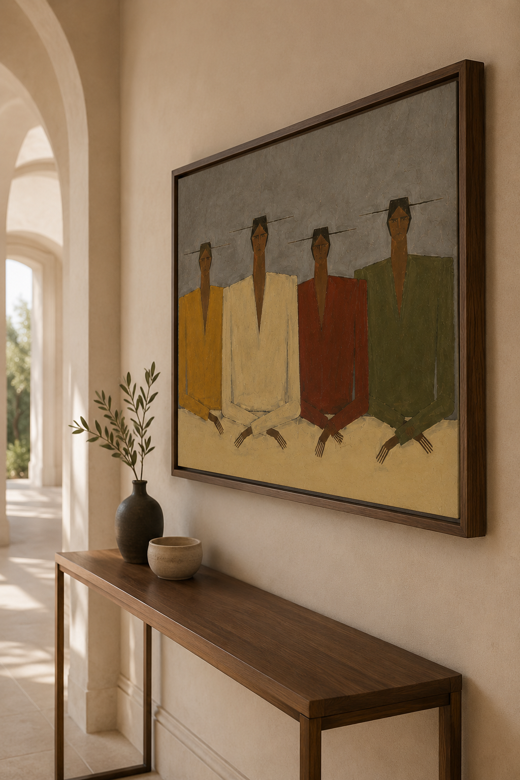 Mid-Century Minimalist Abstract People Oil Painting - Muted Earth Tones on Canvas