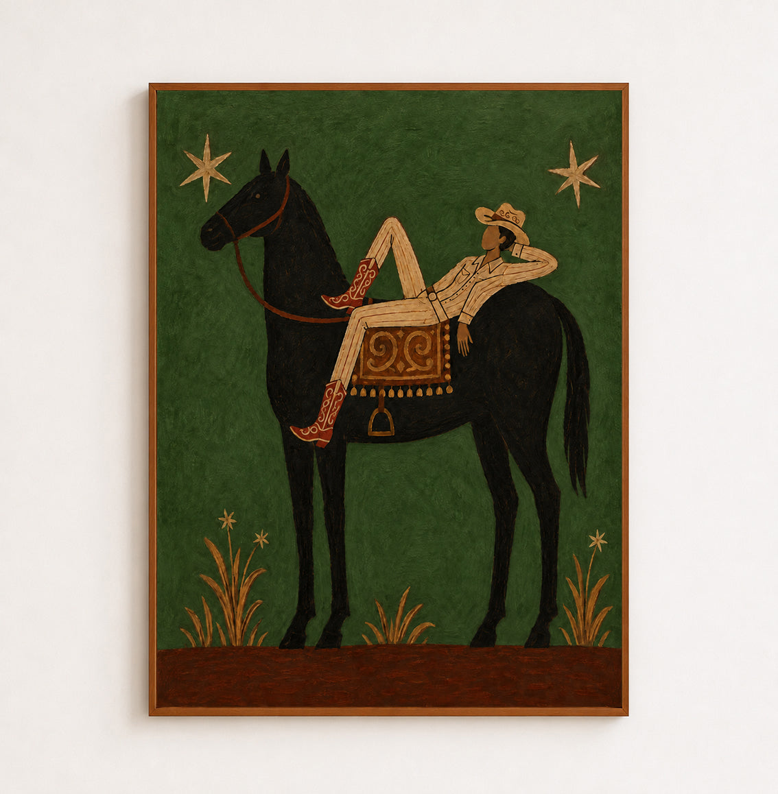 Relaxed Cowboy On Black Horse Canvas Art, Starry Night Western Wall Decor Green Background Fine Art