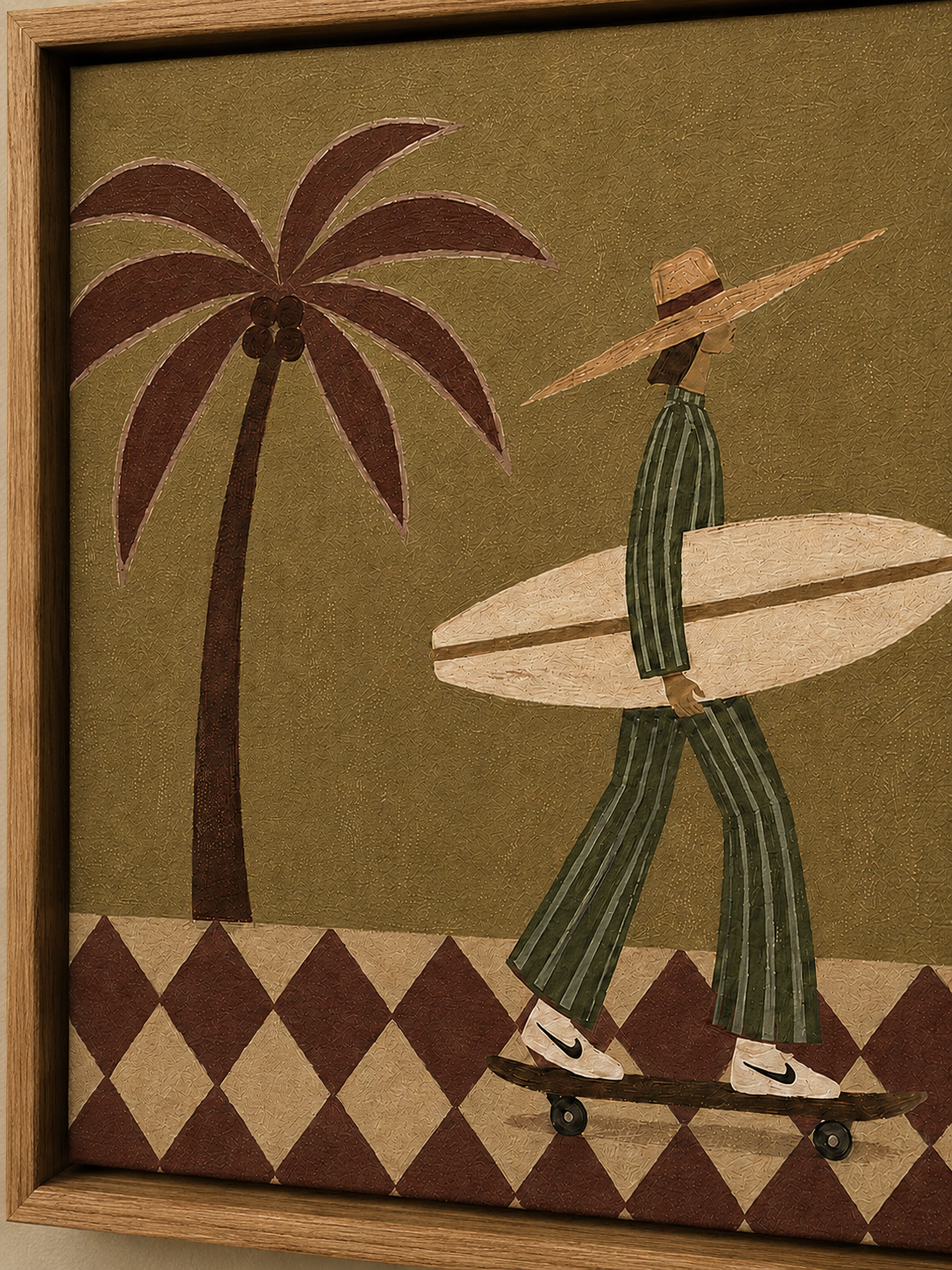 Vintage Surfer Girl Painting With Palm Tree And Checkerboard Pattern For Modern Home Decor