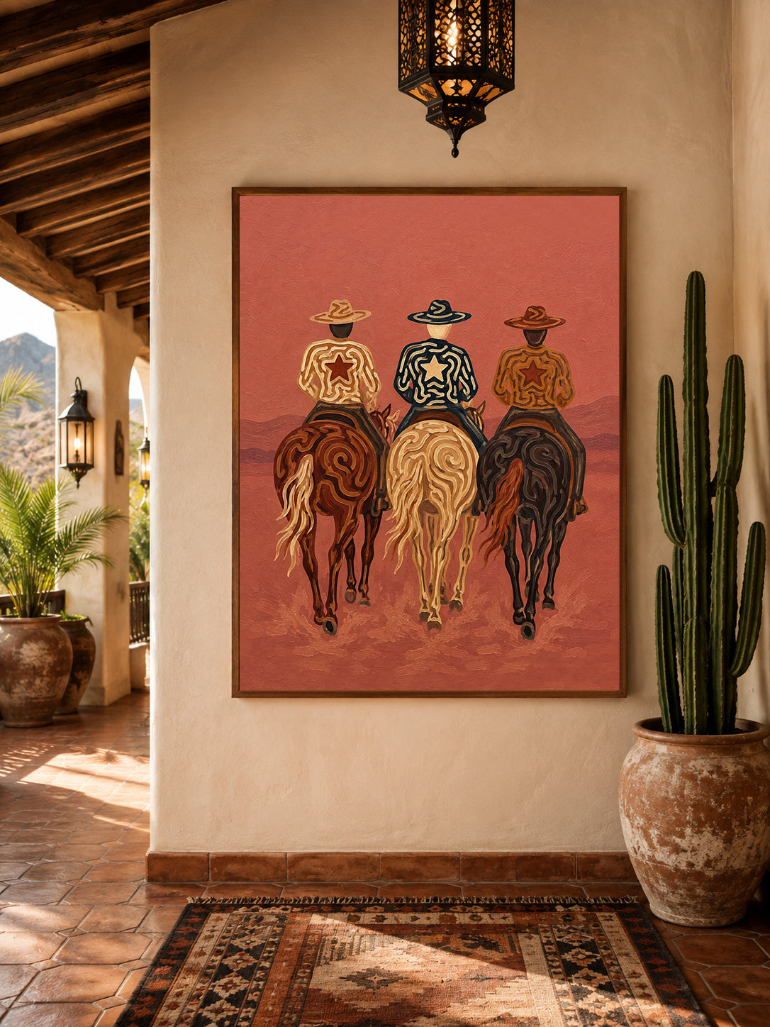 Pink Western Cowboys Painting, Desert Horse Riders, Southwestern Landscape Wall Art