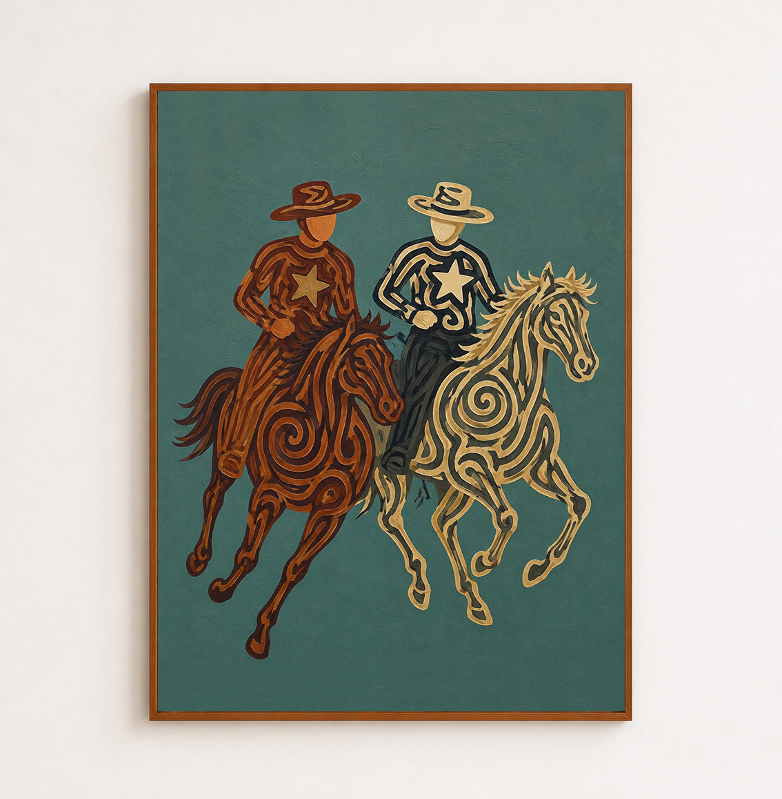Rustic Cowboy Horse Painting, Teal Western Riders Wall Art, Southwestern Folk Decor