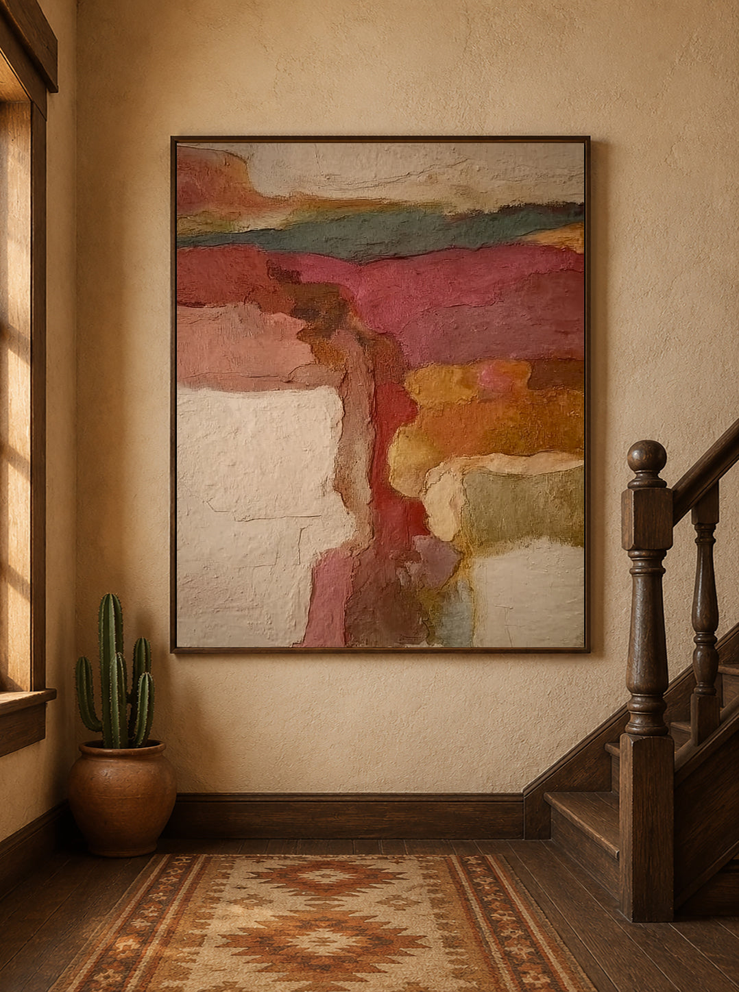 Abstract Earth Tone Canvas Painting With Textured Vintage Landscape Art