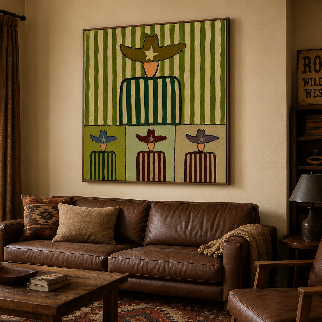 Abstract Cowboy Painting With Green Stripes For Modern Living Room Decor