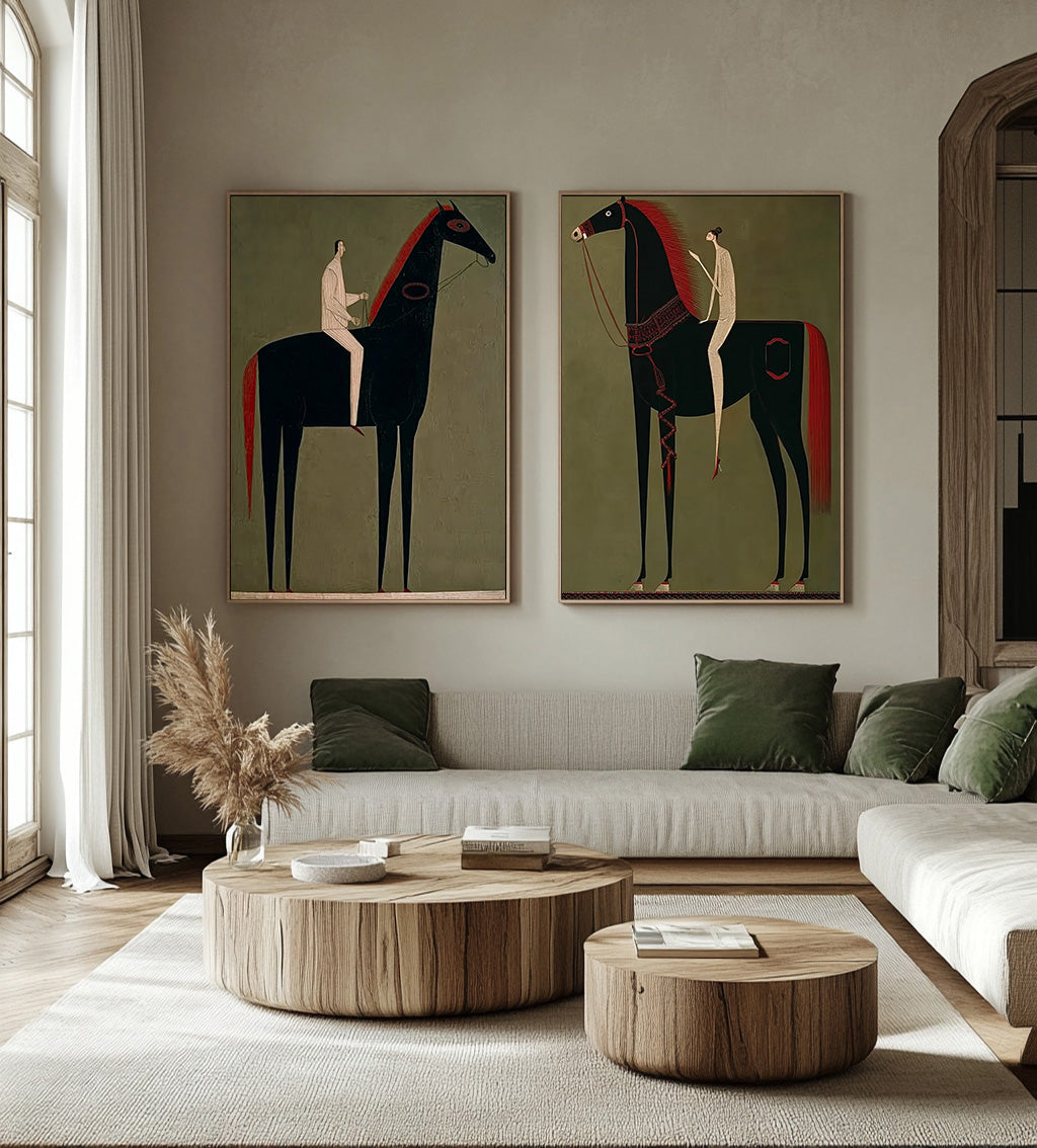 Modern Equestrian Art Set Of Two Black Horse Paintings For Living Room Decor