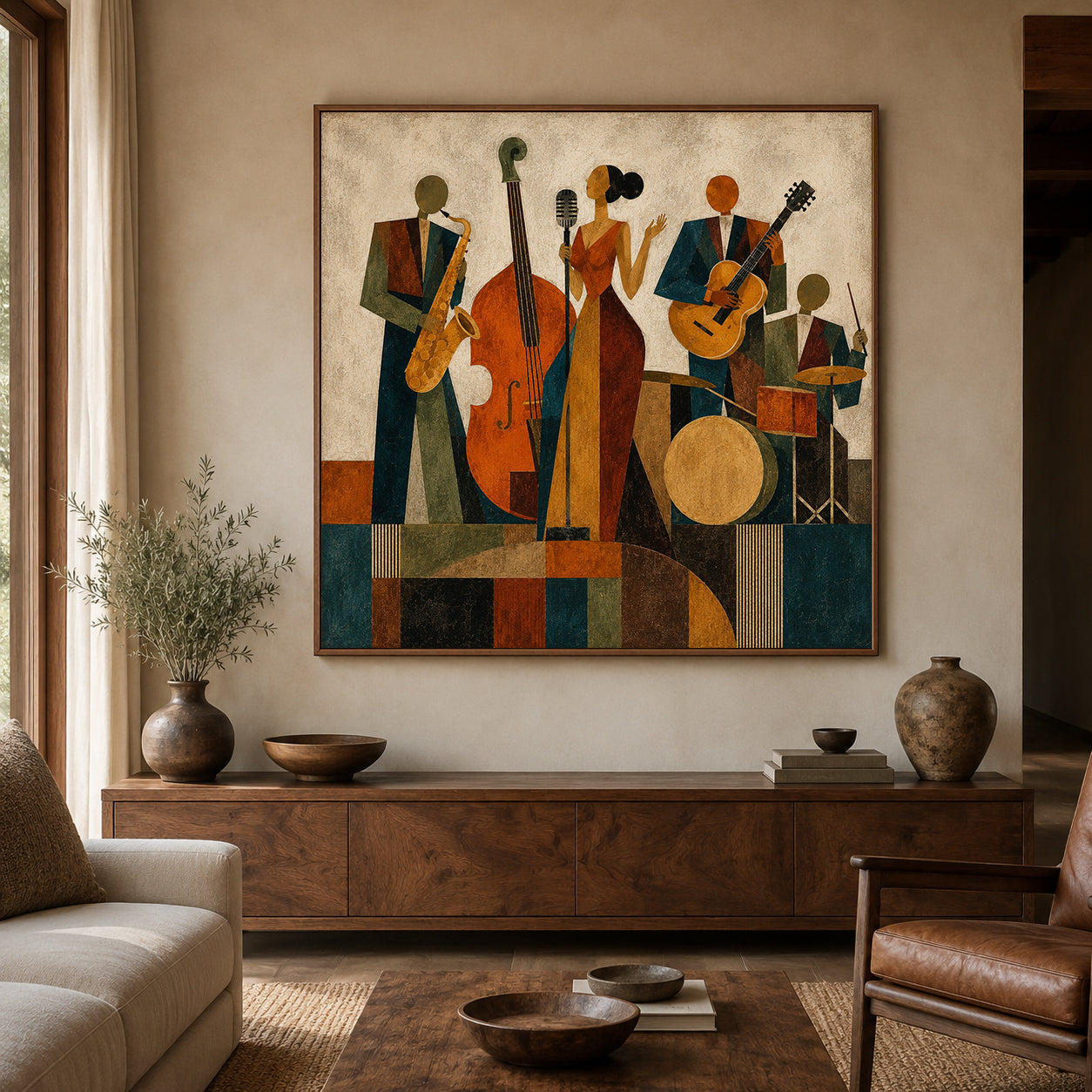 Vintage Jazz Band Painting Square Canvas Art For Living Room Music Lovers