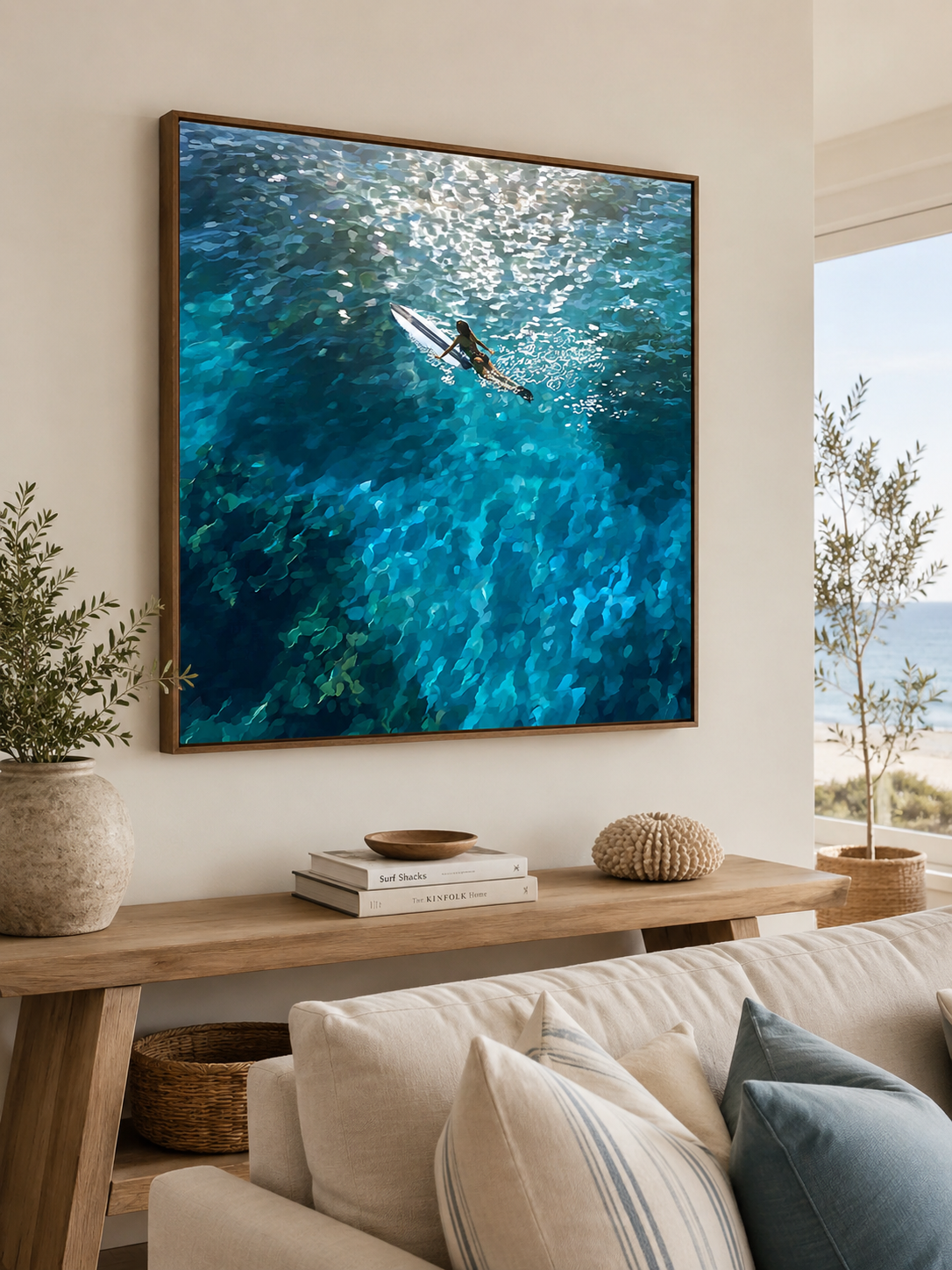 Hand Painted Ocean Swimmer Art For Modern Coastal Living Room Wall Decor Blue