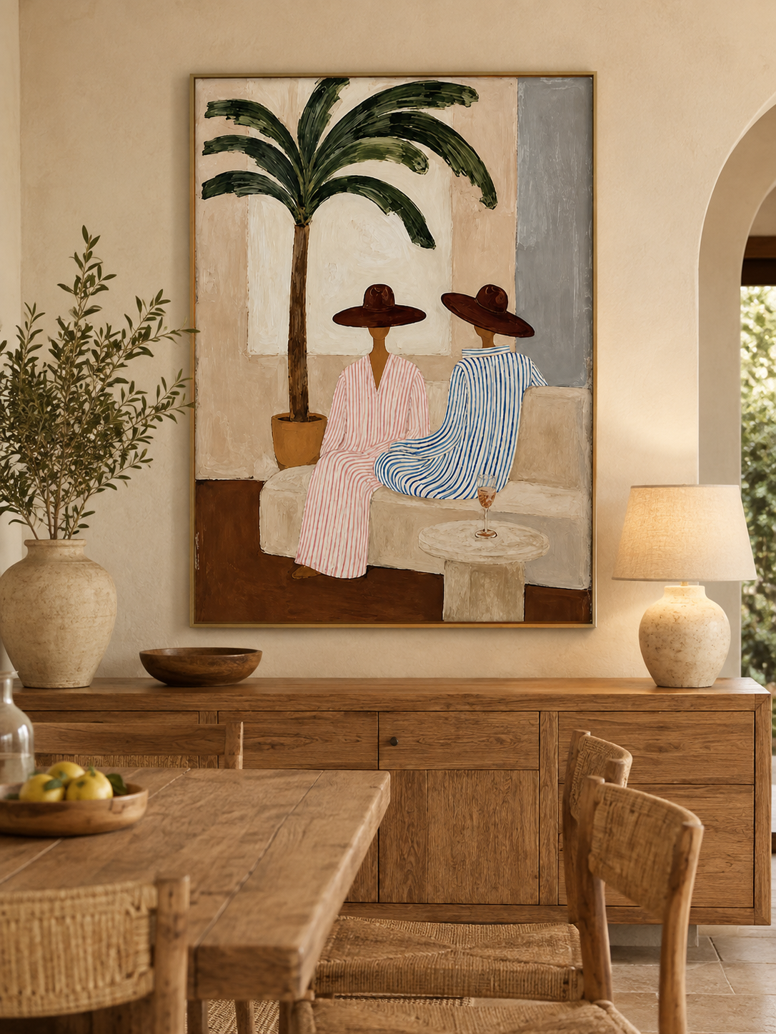 Bohemian Coastal Art With Palm Tree And Striped Figures For Living Room Decor