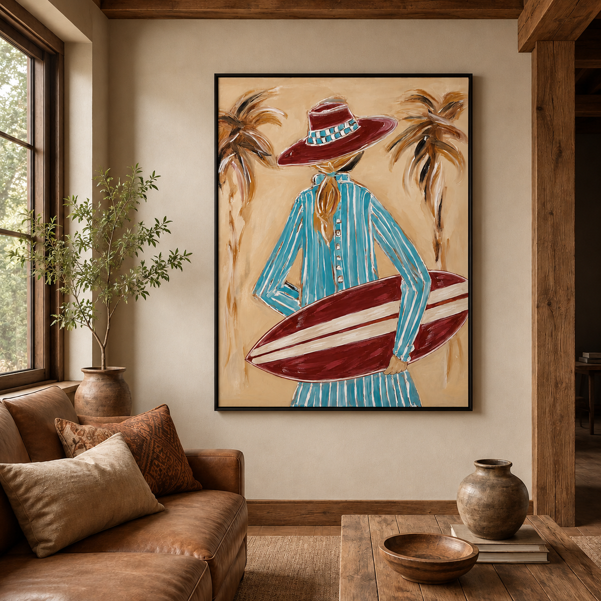 Coastal Cowboy Surfboard Canvas Art, Tropical Cowgirl Beach Wall Decor, California Surfing Painting
