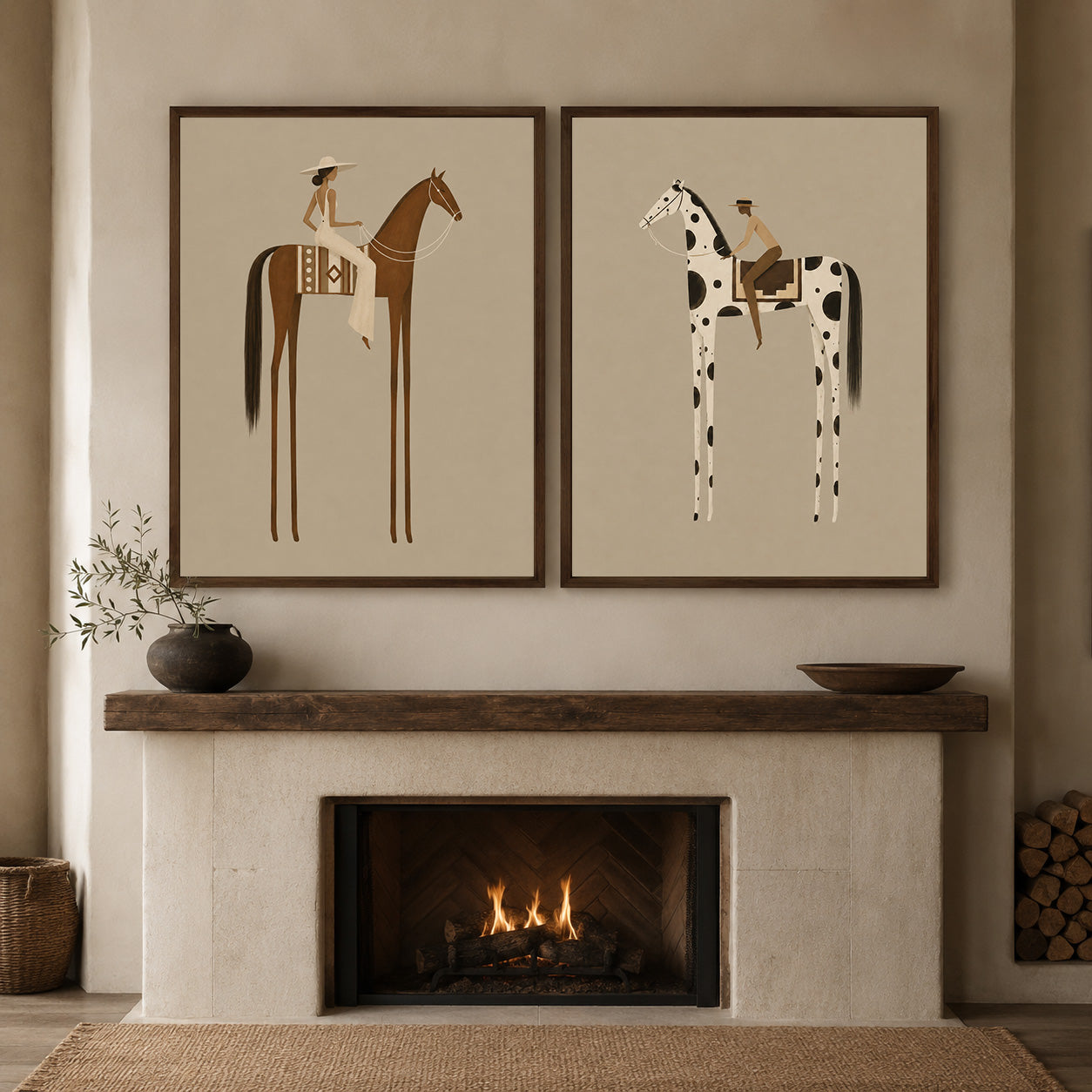 Vintage Beige Horse Painting Set Of Two For Modern Living Room Wall Decor