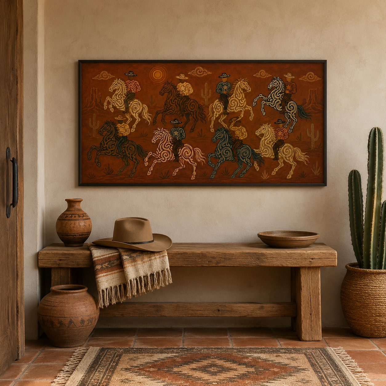 Wild West Cowboy Riders Painting, Panoramic Desert Horse Art, Rustic Southwestern Ranch Decor