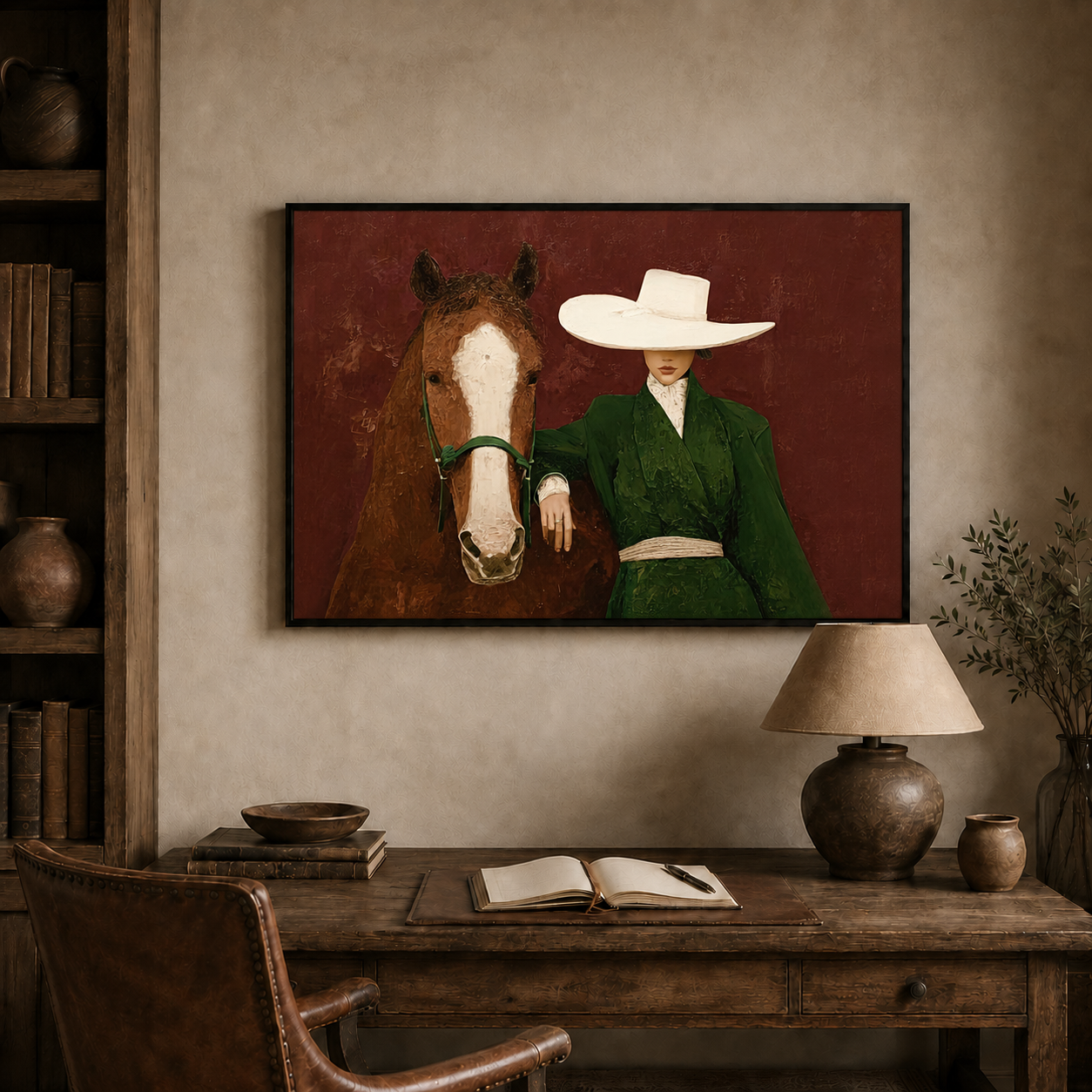 Elegant Woman With Horse Painting In Green Coat And Crimson Background For Living Room Decor