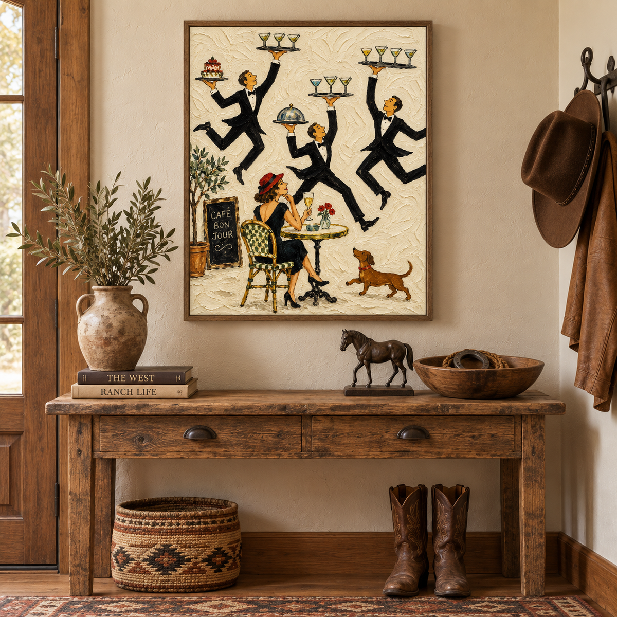 Vintage French Café Waiter Painting Hand-Painted Canvas Art For Dining Room