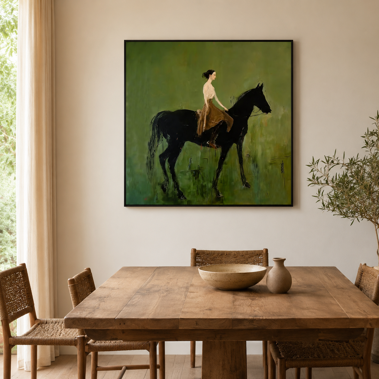 Elegant Woman Riding Black Horse Oil Painting On Linen Canvas With Olive Green Background