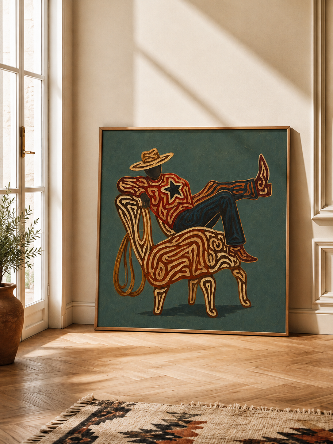 Cowboy Relaxing Art , Western Aesthetic Wall Art, Abstract Cowboy Painting, Modern Rustic Decor Canvas, Contemporary Cowboy Art