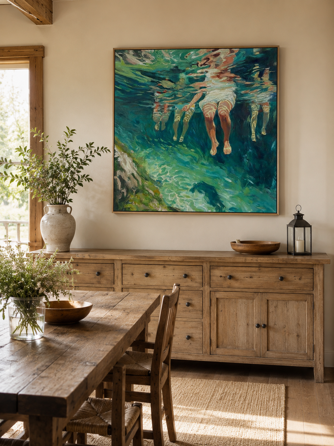 Summer Swimming Oil Painting For Beach House Living Room Wall Decor Art