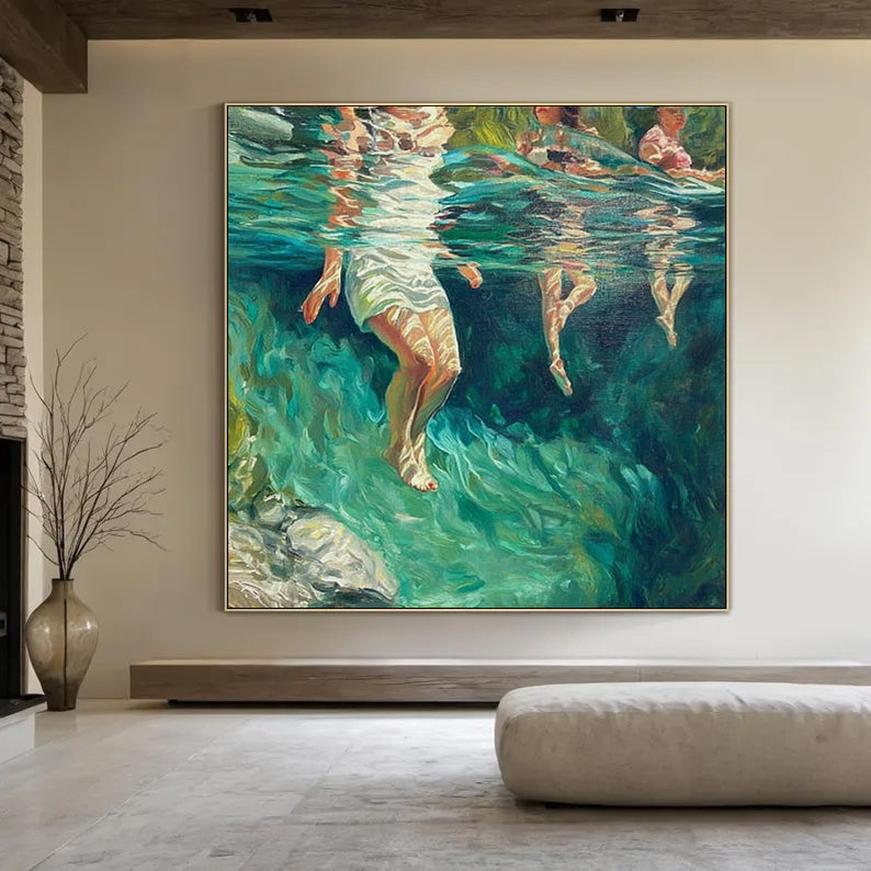 Summer Stream Oil Painting With Submerged Figures For Modern Home Decor