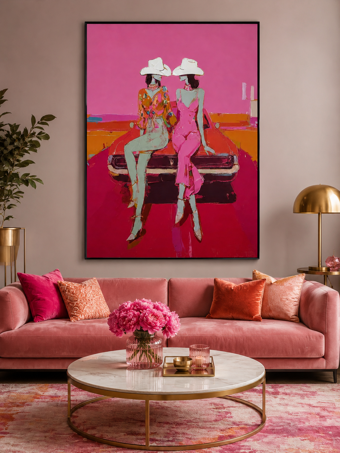 Vibrant Pop Art Painting Of Women In Cowboy Hats With Classic Car For Modern Living Room Wall Decor