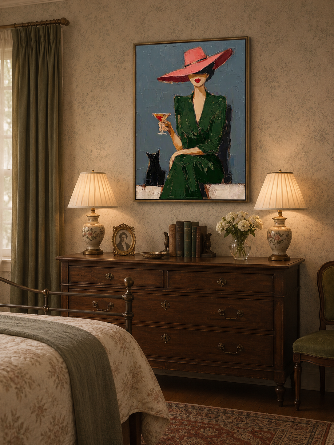 Stylish Woman In Green Dress With Red Hat Oil Painting For Modern Dining Room Wall Art Decor