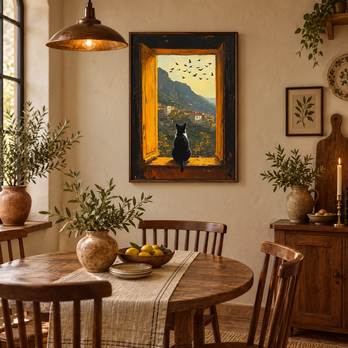 Black Cat Art, Cat Oil Painting, Window View Art, Mountain Village Painting, Cozy Home Decor