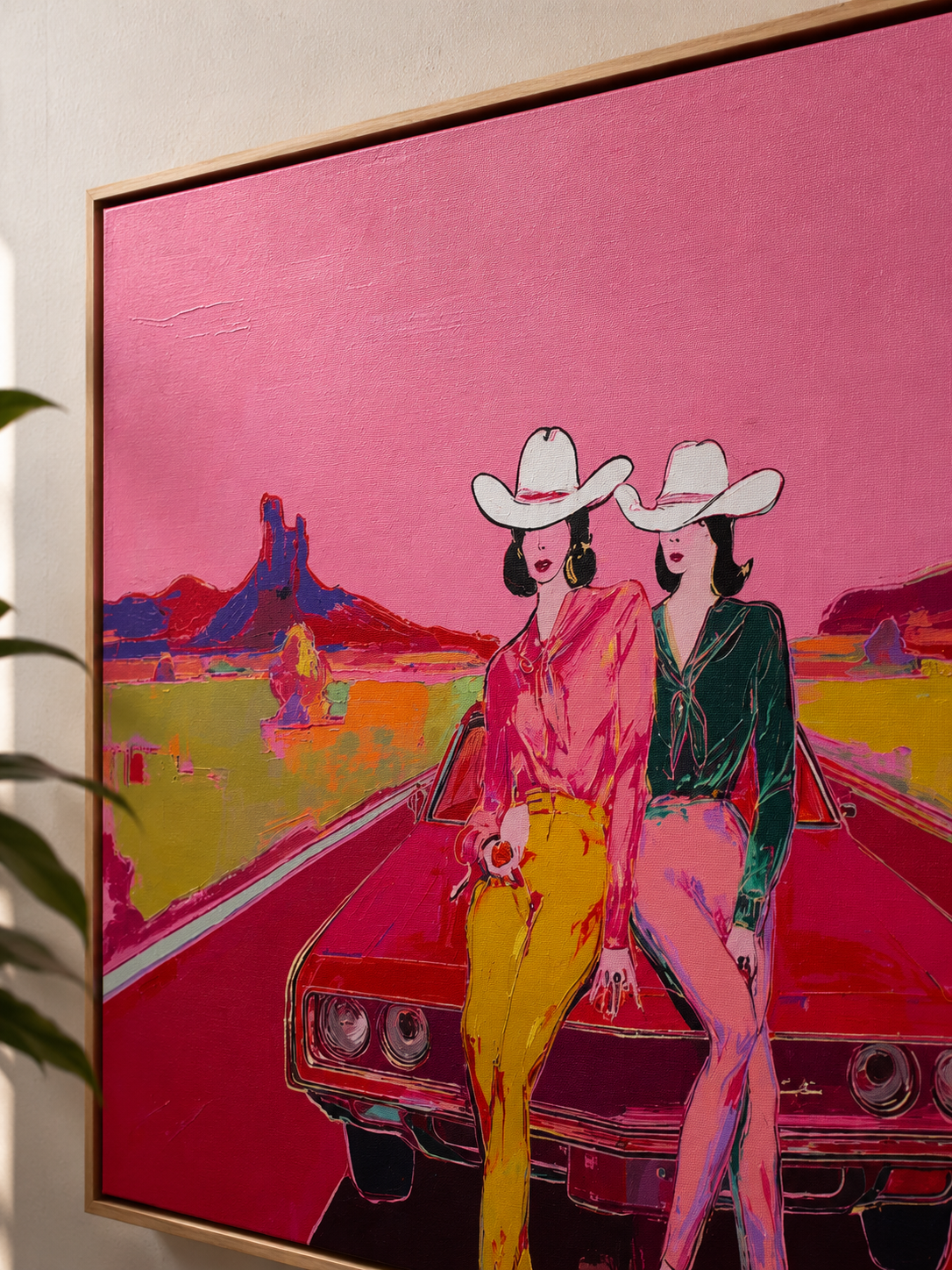 Vibrant Pink Cowgirl Pop Art Painting On Canvas For Modern Western Home Decor