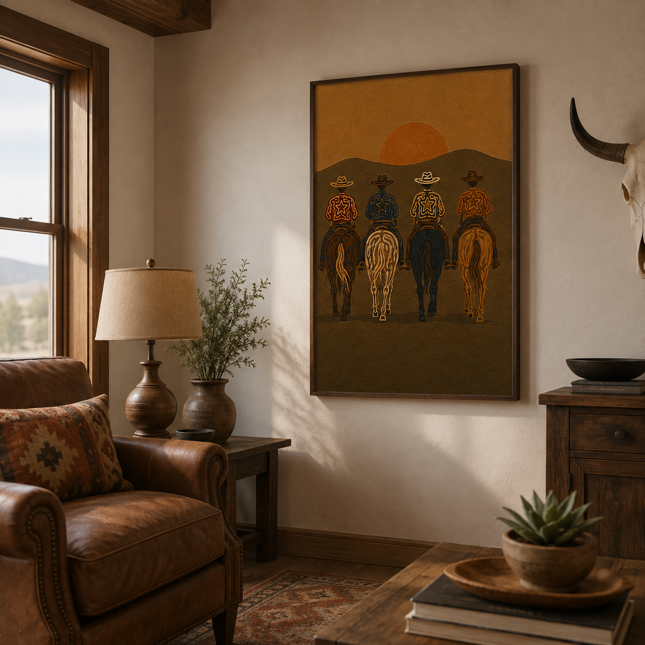 Cowboys At Sunset Painting, Western Horse Riders, Southwestern Desert Landscape Art For Living Room