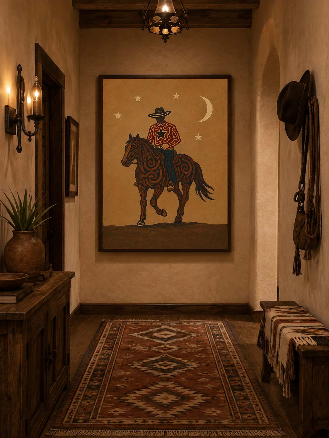 Moonlit Cowboy Horse Painting, Western Folk Wall Art, Southwestern Ranch Night Decor