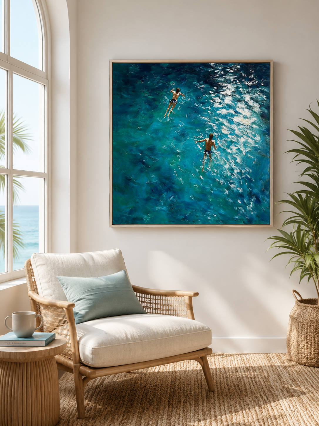 Deep Blue Ocean Swimming Oil Painting With Thick Textured Waves For Modern Home Decor